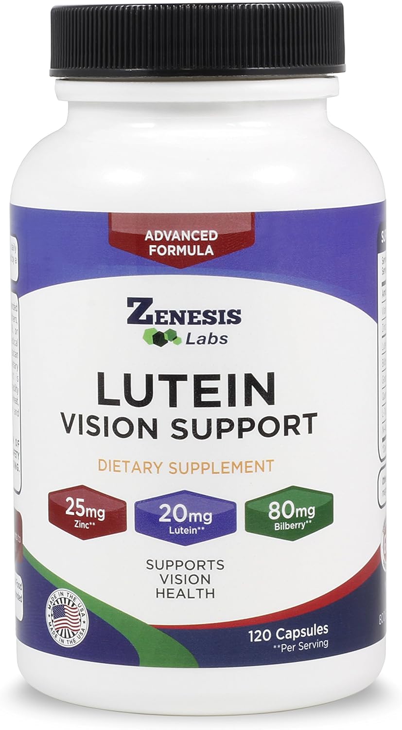 360 Capsules of Zenesis Labs Lutein Vision Support with Bilberry, Beta-Carotene, Zinc, Grapeseed - Eye Vitamin Supplement - 180 Day Supply