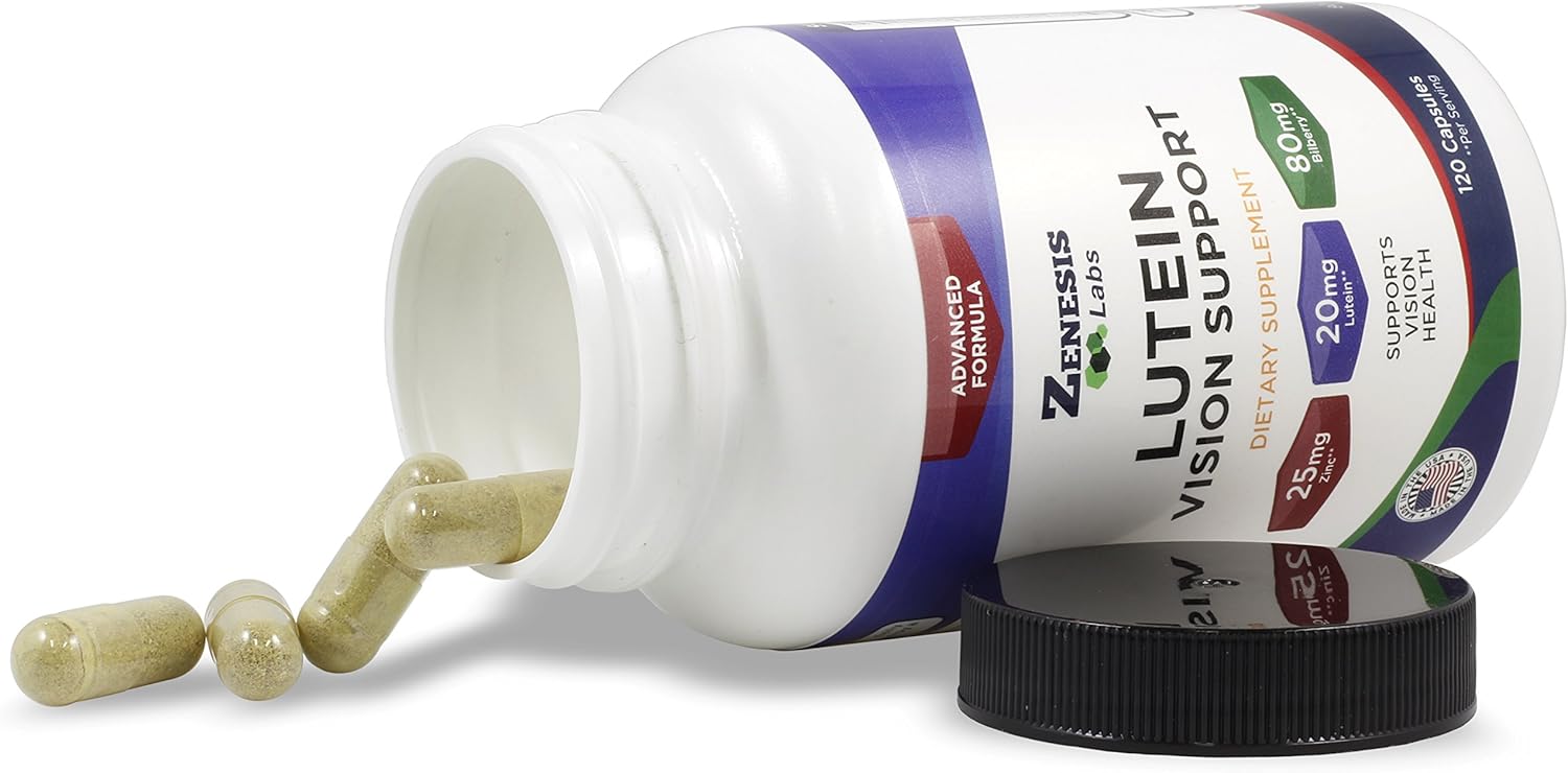 360 Capsules of Zenesis Labs Lutein Vision Support with Bilberry, Beta-Carotene, Zinc, Grapeseed - Eye Vitamin Supplement - 180 Day Supply