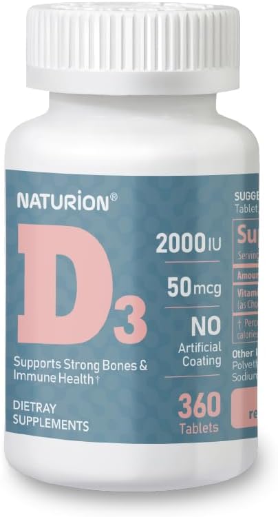 360 Mini Tablets of NATURION Vitamin D3 2000iu (50 mcg) for Immune Support, Muscle Function, and Bone Health - Non-GMO, Gluten Free with Vitamin B2 - 1-Year Supply