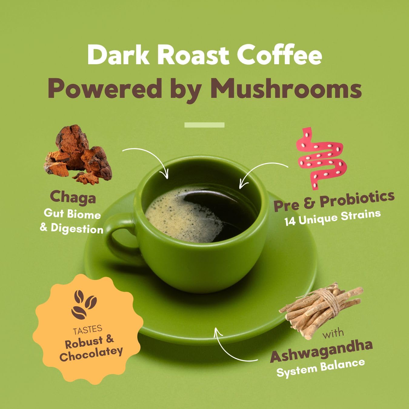 360 Nutrition Instant Mushroom Coffee with Chaga Superfood Mushroom, Prebiotics, Probiotics, Gut Health & Focus Support - Dark Roast, No Sugar Added 5 oz