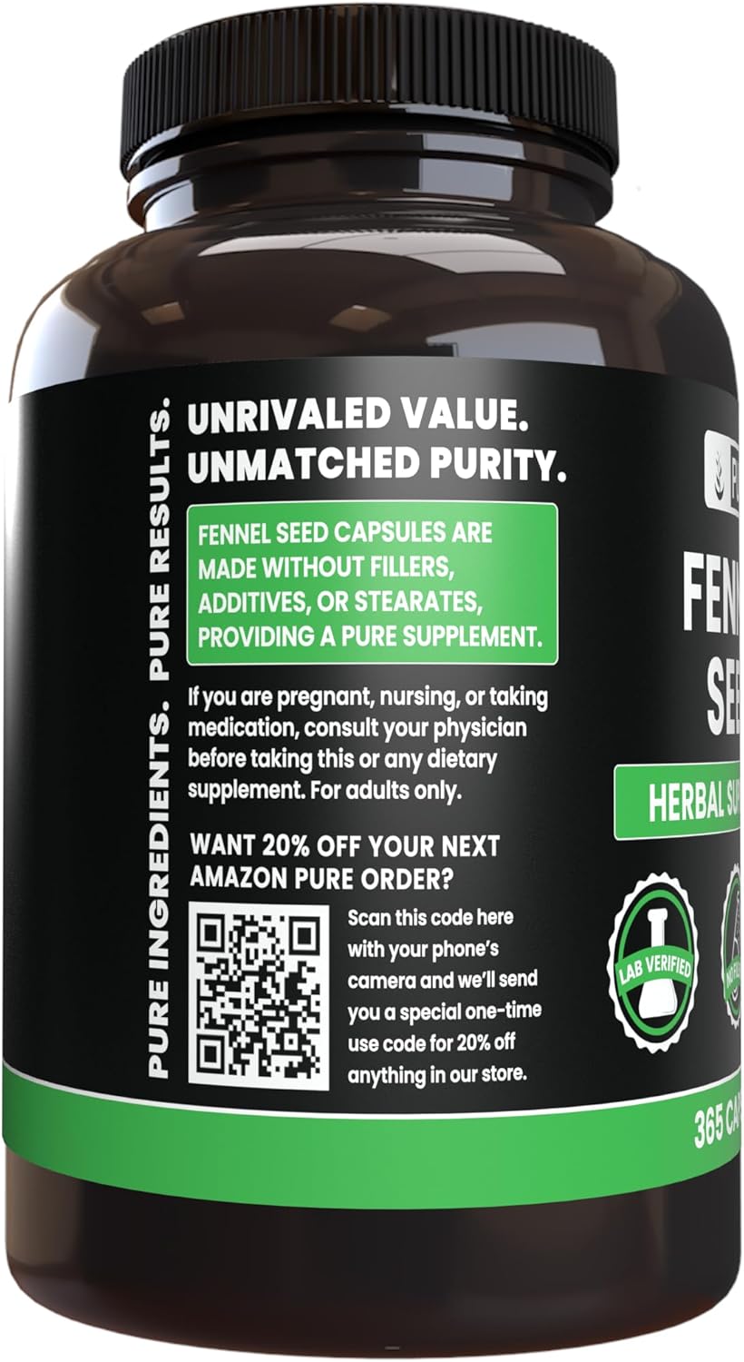 365 Capsules of Pure Fennel Seed, No Fillers, Lab Verified