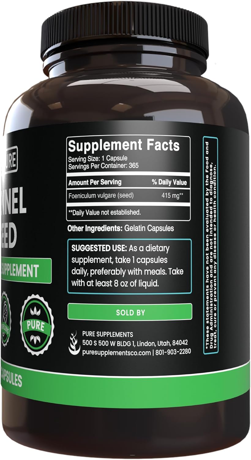 365 Capsules of Pure Fennel Seed, No Fillers, Lab Verified