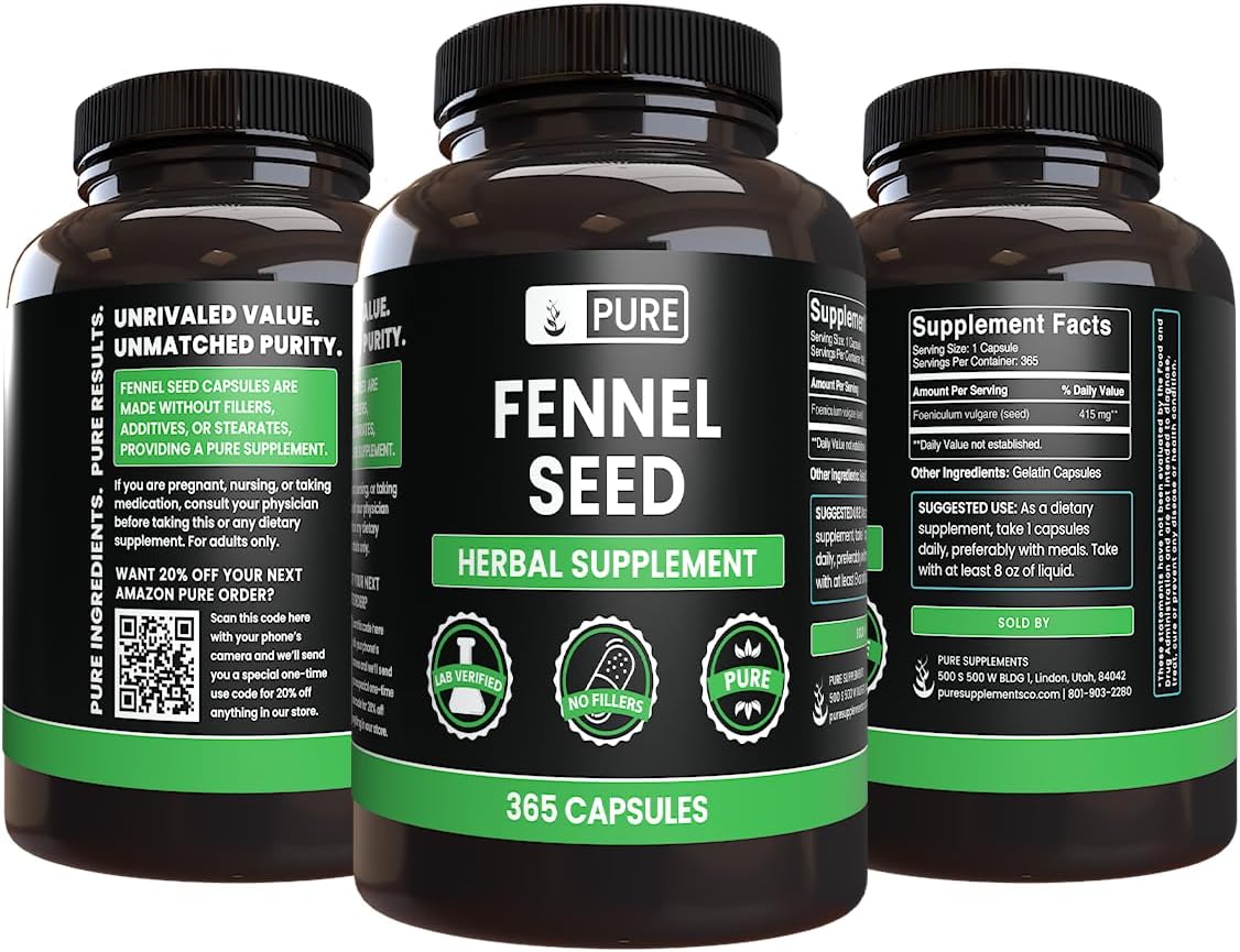365 Capsules of Pure Fennel Seed, No Fillers, Lab Verified
