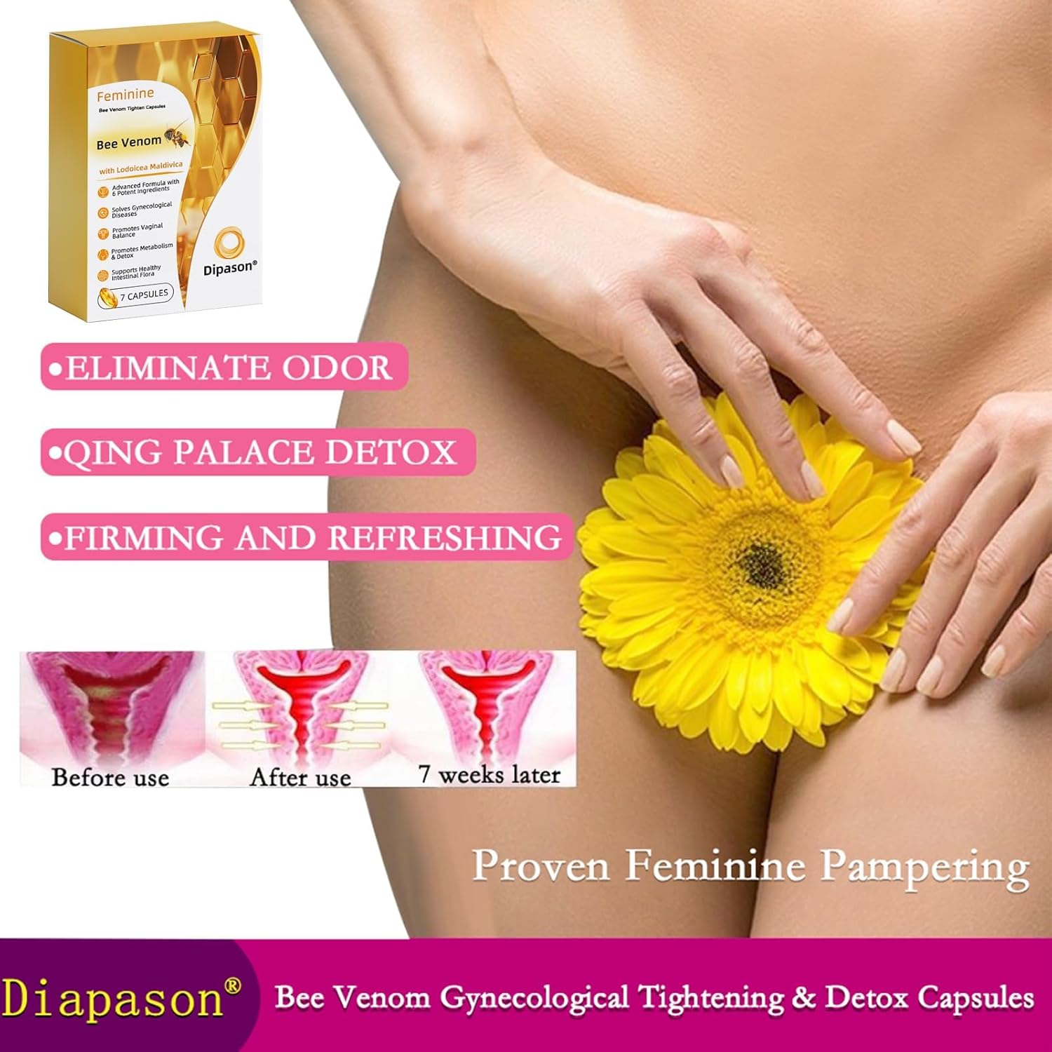 4 Boxes of Diapason Bee Venom Feminine Repair Tighten Detox Yoni Capsules - Firming & Natural Pink and Tender Capsules