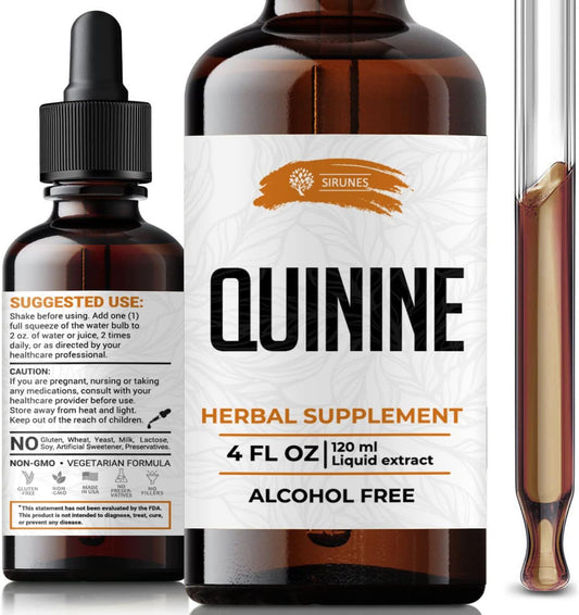 4 fl Oz SIRUNES Quinine Tincture Extract - Herbal Supplement for Immune System Support - Alcohol and Gluten Free Cinchona Bark Liquid Drops