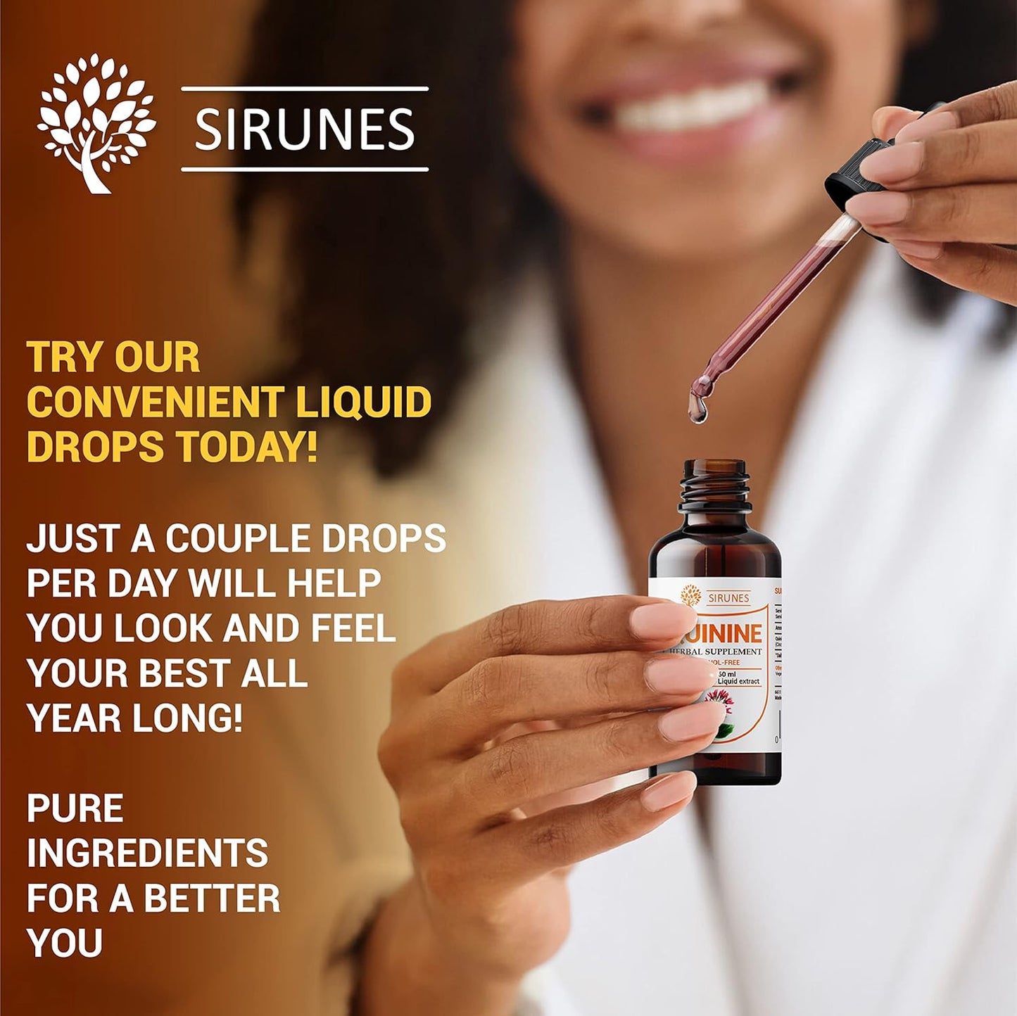 4 fl Oz SIRUNES Quinine Tincture Extract - Herbal Supplement for Immune System Support - Alcohol and Gluten Free Cinchona Bark Liquid Drops