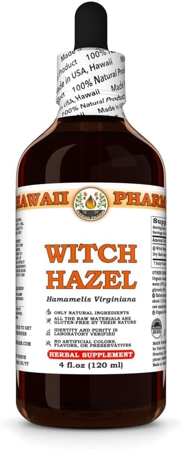 4 fl.oz Hawaii Pharm Witch Hazel Extract Tincture for Clear Skin, Soothes Irritation, Relieves Sore Throat - Scalp Comfort & Skin Protection