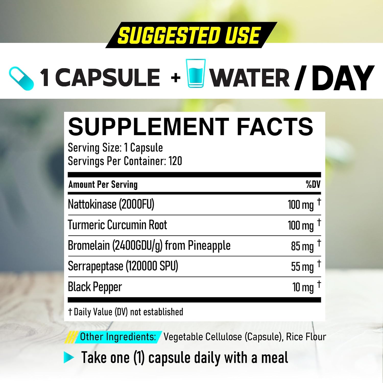 4-in-1 Nattokinase 2000 Fu, Turmeric, Bromelain, Serrapeptase Capsules for Body Balance, Circulation & Immune System - 120ct