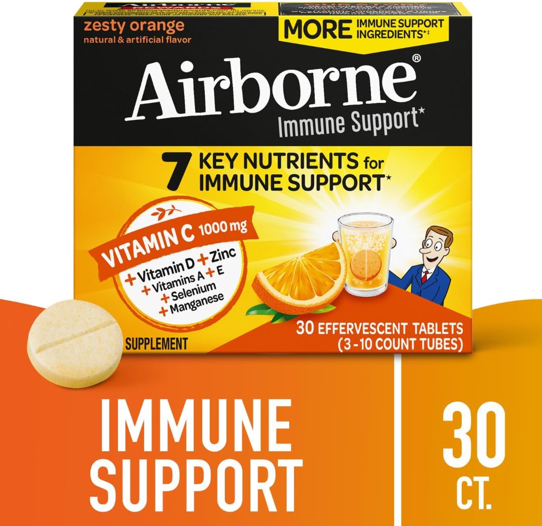 4-Pack Airborne 1000mg Vitamin C + Zinc Sugar-Free Fizzy Drink Tablets, Zesty Orange Flavor - Immune Support with Antioxidants - 30 Tablets