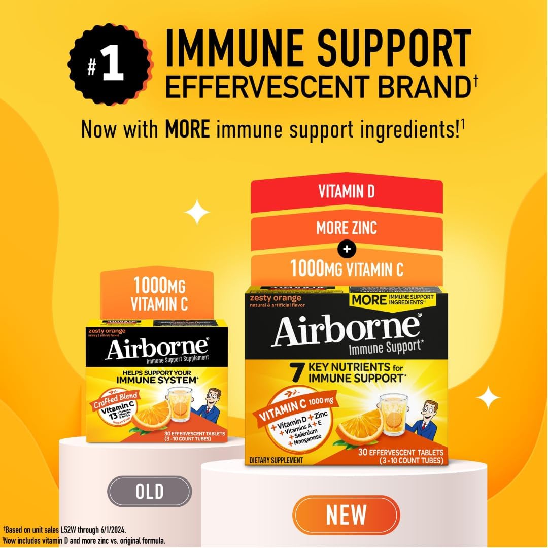 4-Pack Airborne 1000mg Vitamin C + Zinc Sugar-Free Fizzy Drink Tablets, Zesty Orange Flavor - Immune Support with Antioxidants - 30 Tablets