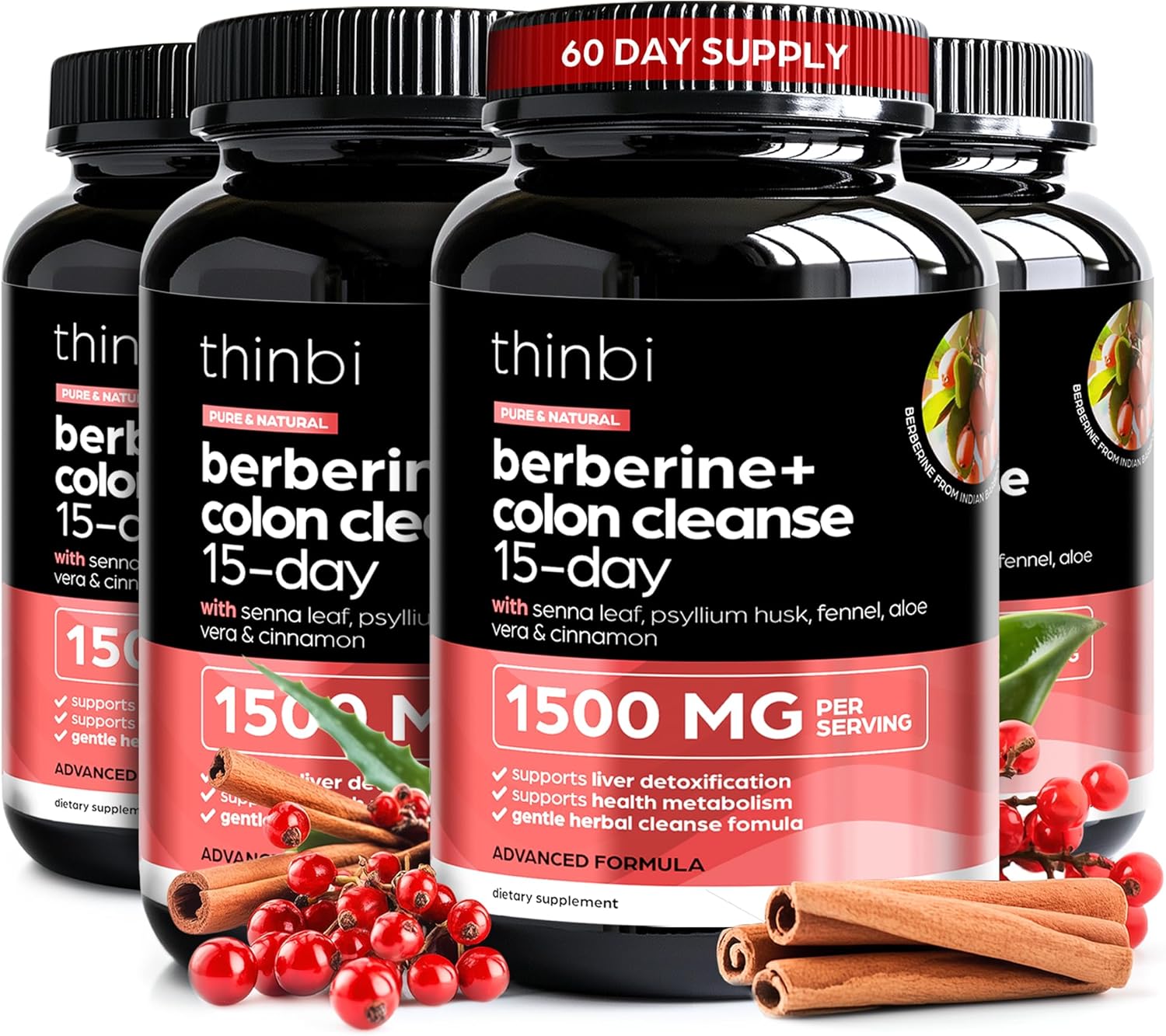 4 Pack Artnaturals Colon Cleanse Berberine Supplement 1500mg - Extra Strength 15-Day Supply for Men & Women with Senna Leaf - Natural Laxative for Constipation Relief & Gut Health - USA Made