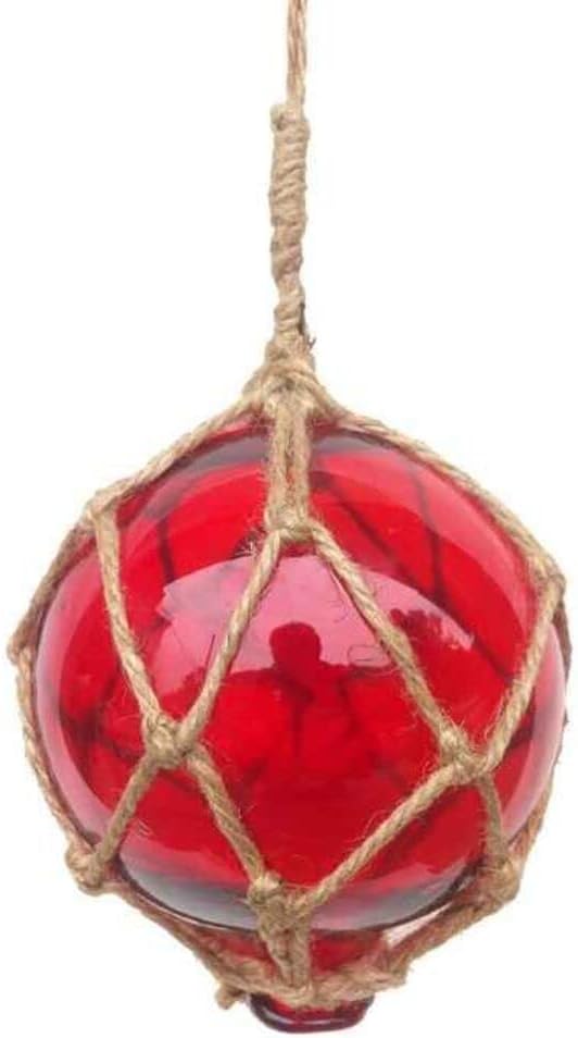 4" Red Japanese Glass Ball Fishing Float with Brown Netting Decoration by Hampton Nautical