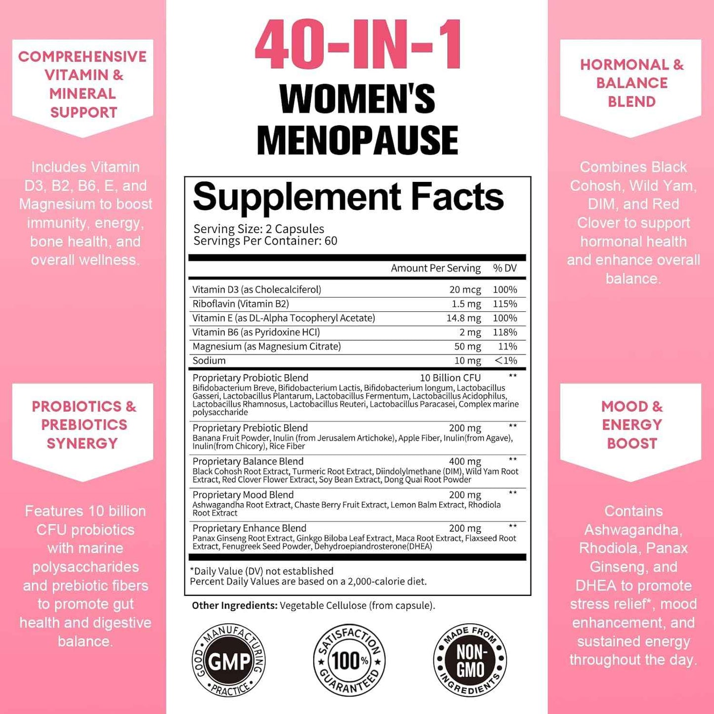 40-in-1 Menopause Supplements for Women, w/Probiotics, DIM, Vitex, Dong Quai, Red Clover and More, Easy to Swallow, Gluten Free
