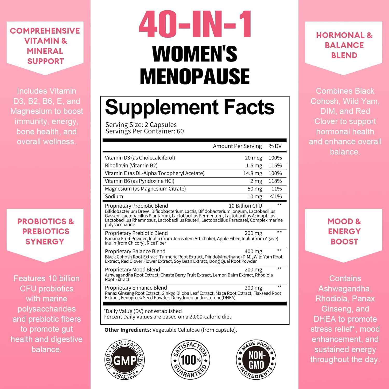 40-in-1 Menopause Supplements for Women, w/Probiotics, DIM, Vitex, Dong Quai, Red Clover and More, Easy to Swallow, Gluten Free