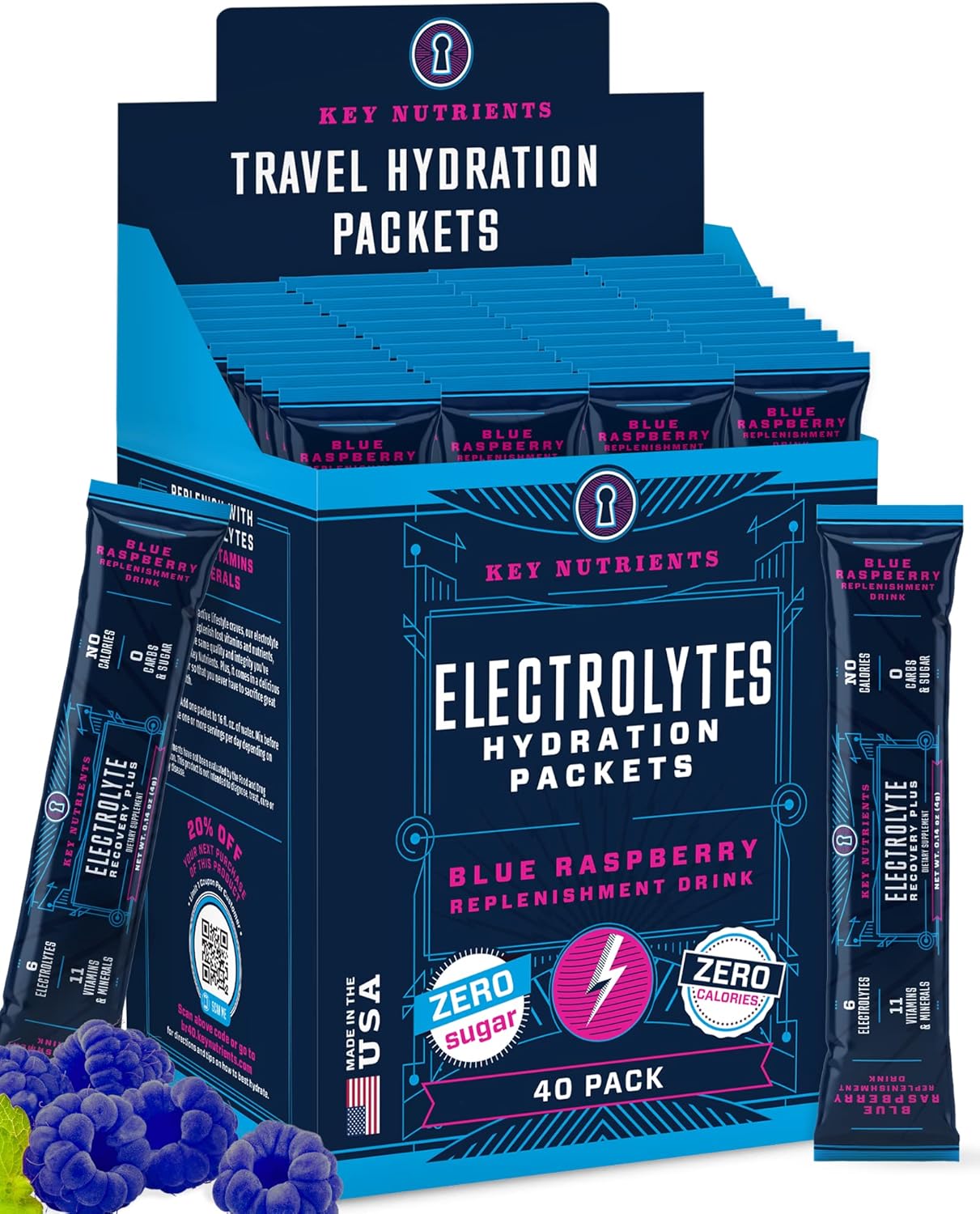 40 Pack Blue Raspberry Electrolyte Powder Packets for Hydration - Travel-Friendly, Sugar-Free, Gluten Free Electrolyte Powder - Made in USA