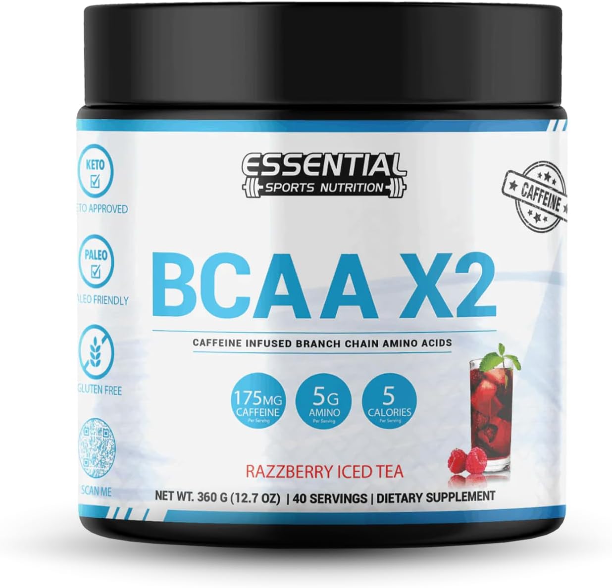 40 Serving BCAA Sports Nutrition Supplement with Caffeine - Keto Approved, Non-GMO & Gluten Free (Razzberry Iced Tea)