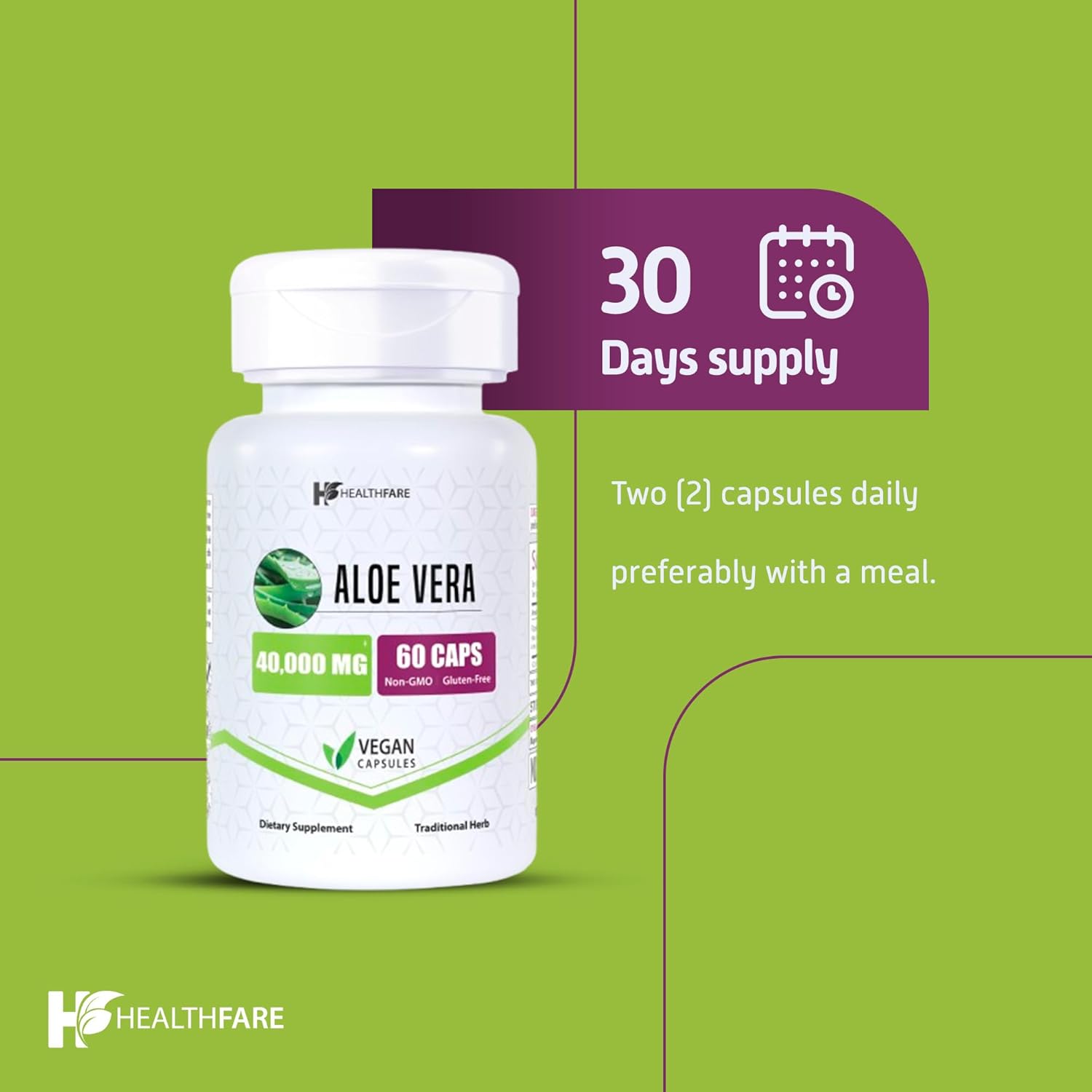 40,000mg Equivalent Aloe Vera Extract Veg Capsules for Digestive Support | Non-GMO | Made in USA | Vegetarian Friendly