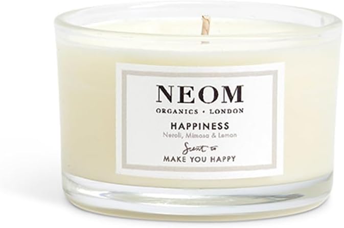 NEOM Happiness Travel Candle 125g with Neroli, Mimosa, and Lemon Essential Oils - Espot.com.au