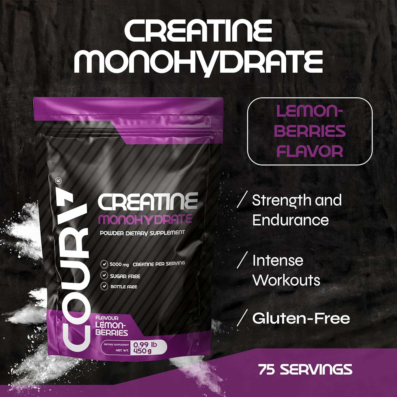 450g COURA Creatine Monohydrate Lemon-Berries Flavor - Gluten Free Sports Supplement for Strength and Endurance, Perfect for Intense Workouts