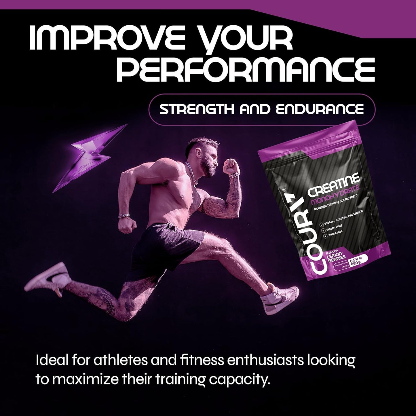 450g COURA Creatine Monohydrate Lemon-Berries Flavor - Gluten Free Sports Supplement for Strength and Endurance, Perfect for Intense Workouts