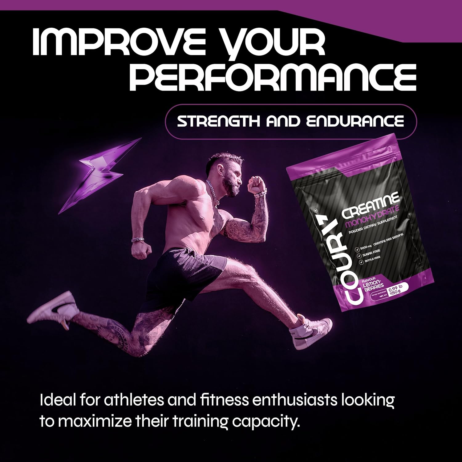 450g COURA Creatine Monohydrate Lemon-Berries Flavor - Gluten Free Sports Supplement for Strength and Endurance, Perfect for Intense Workouts