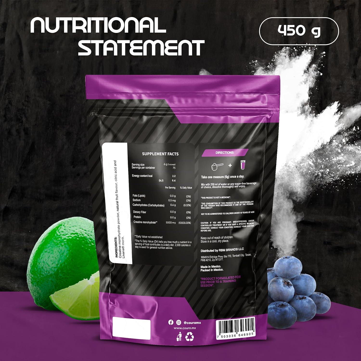 450g COURA Creatine Monohydrate Lemon-Berries Flavor - Gluten Free Sports Supplement for Strength and Endurance, Perfect for Intense Workouts