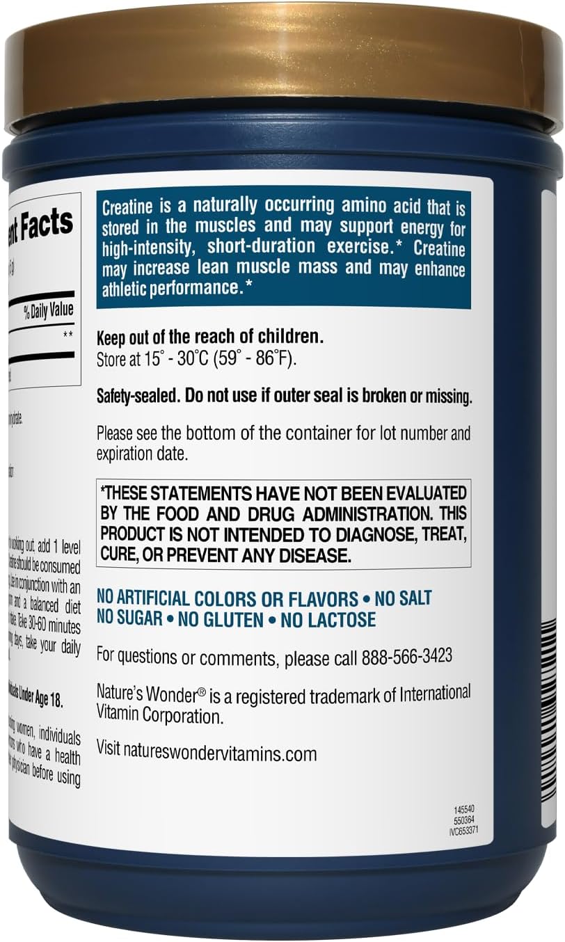 450G Nature's Wonder Micronized Creatine Monohydrate Powder - 5g per Serving, Muscle Energy & Health, Lactose-Free - 90 Servings
