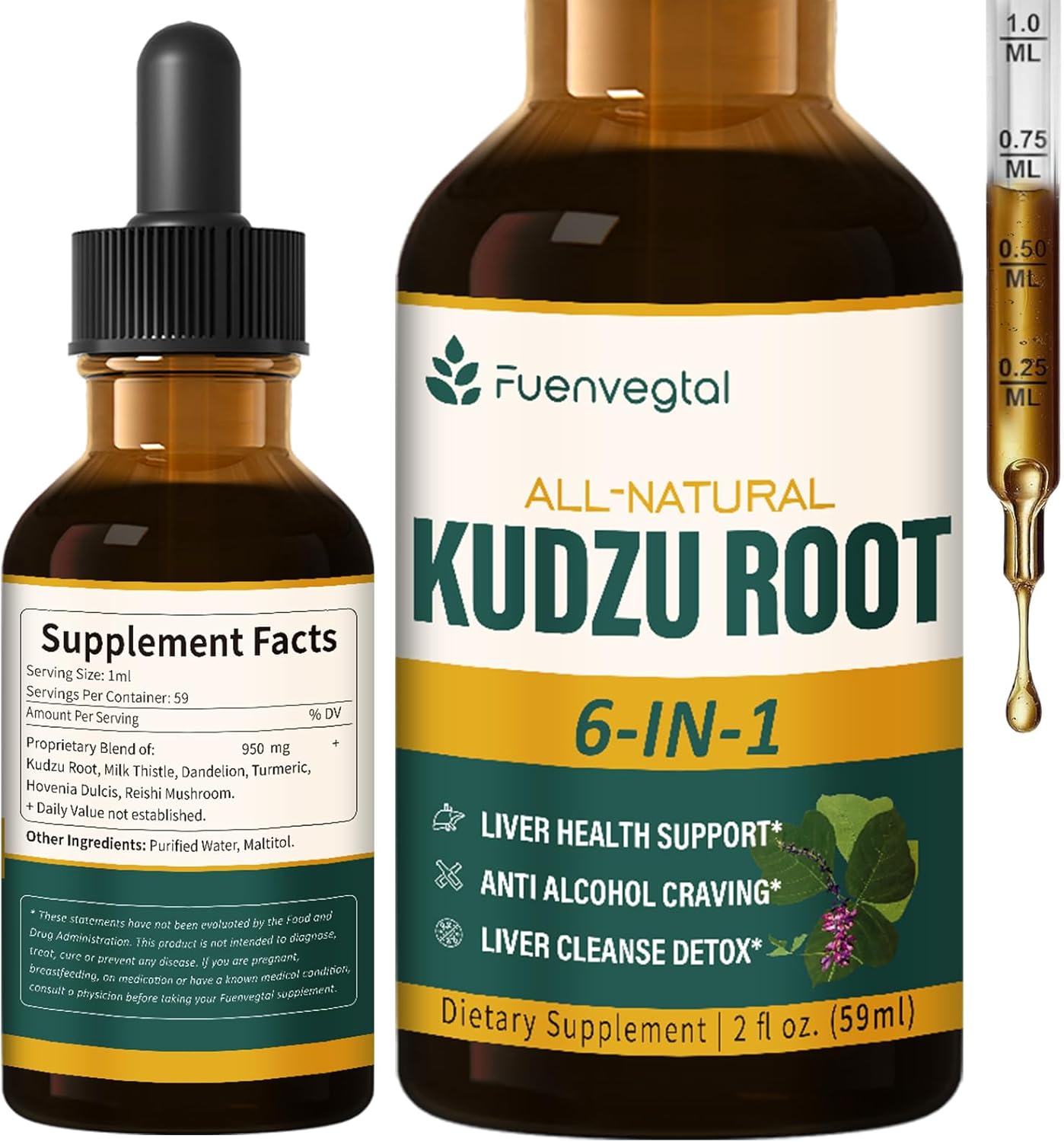 4oz Natural Kudzu Extract Herbal Liquid Drops for Liver Health Support & Alcohol Craving Control - Liver Cleanse Detox Formula