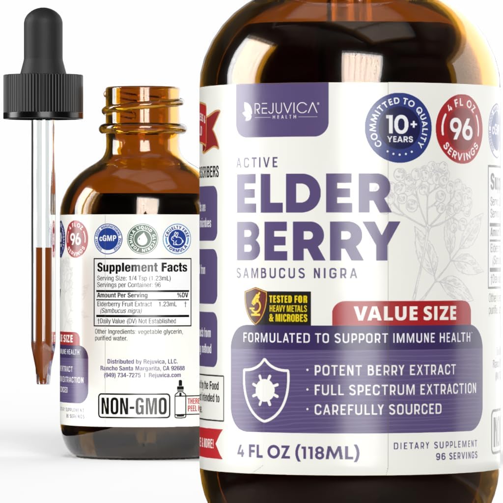 4oz Rejuvica Health Active Elderberry Liquid Extract - Advanced Formula for Better Absorption - Vegan, Sugar-Free, Non-GMO - Value Size