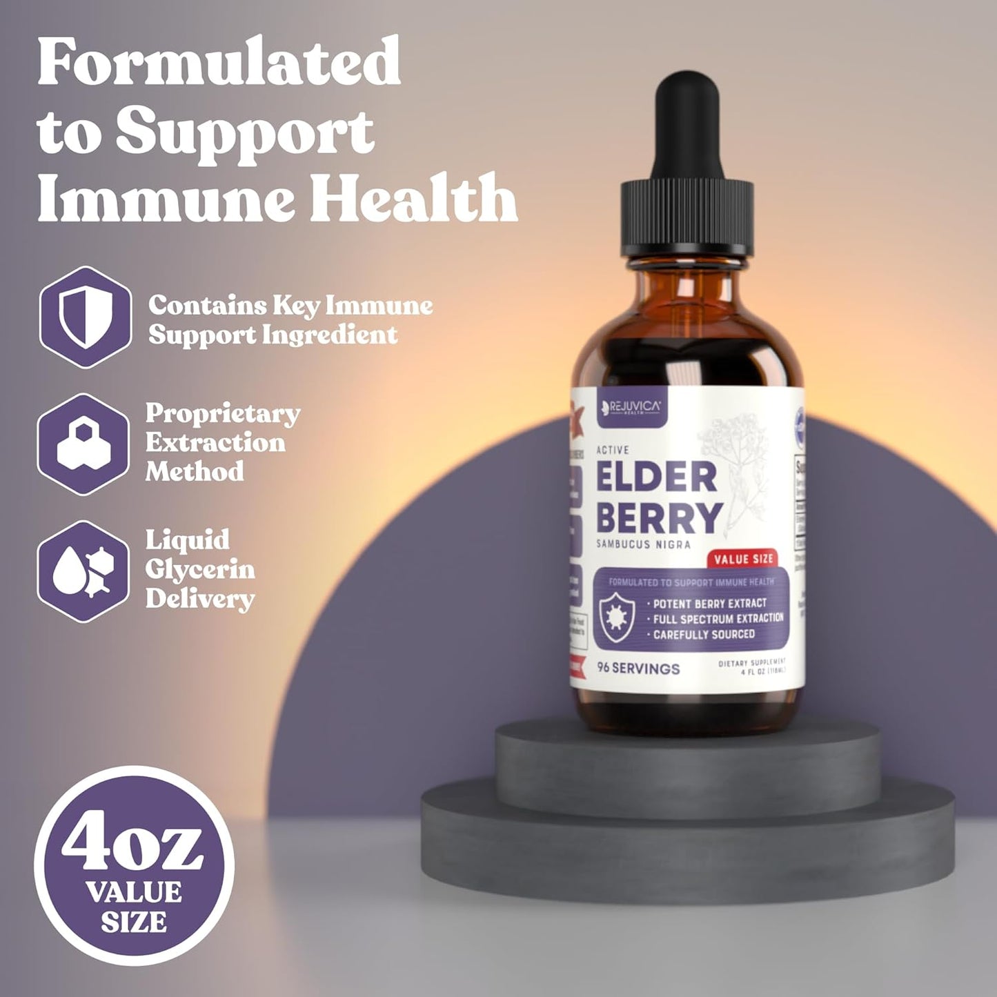 4oz Rejuvica Health Active Elderberry Liquid Extract - Advanced Formula for Better Absorption - Vegan, Sugar-Free, Non-GMO - Value Size