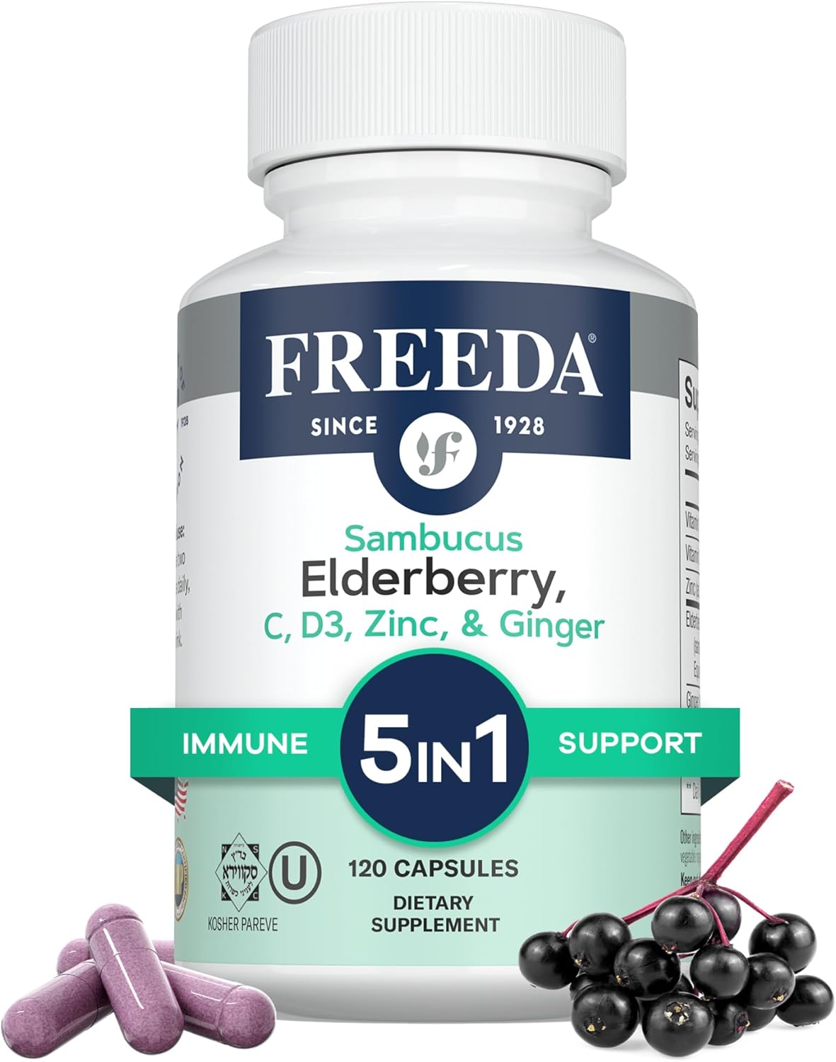 5-in-1 Herbal Antioxidant Immune Support Supplement with Elderberry, Vitamin C, Zinc, D3 & Ginger - 120 Gluten Free Capsules for Adults - Made in USA