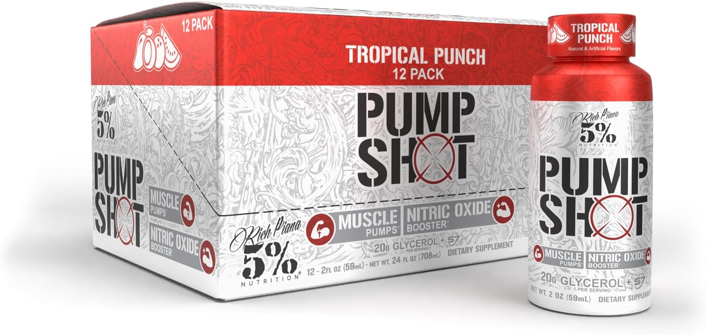 5% Nutrition Rich Piana Pump Shot Liquid Glycerol 12 Pack Caddy Tropical Punch - Boost Workout Performance