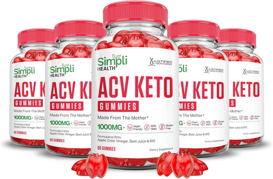 5-Pack Justified Laboratories Simpli Health Keto ACV Gummies - 1000MG Advanced Formula with Ketonature Apple Cider Vinegar, Pomegranate, Beet Juice Powder, B12 - Vegan Non GMO, 300 Gummies