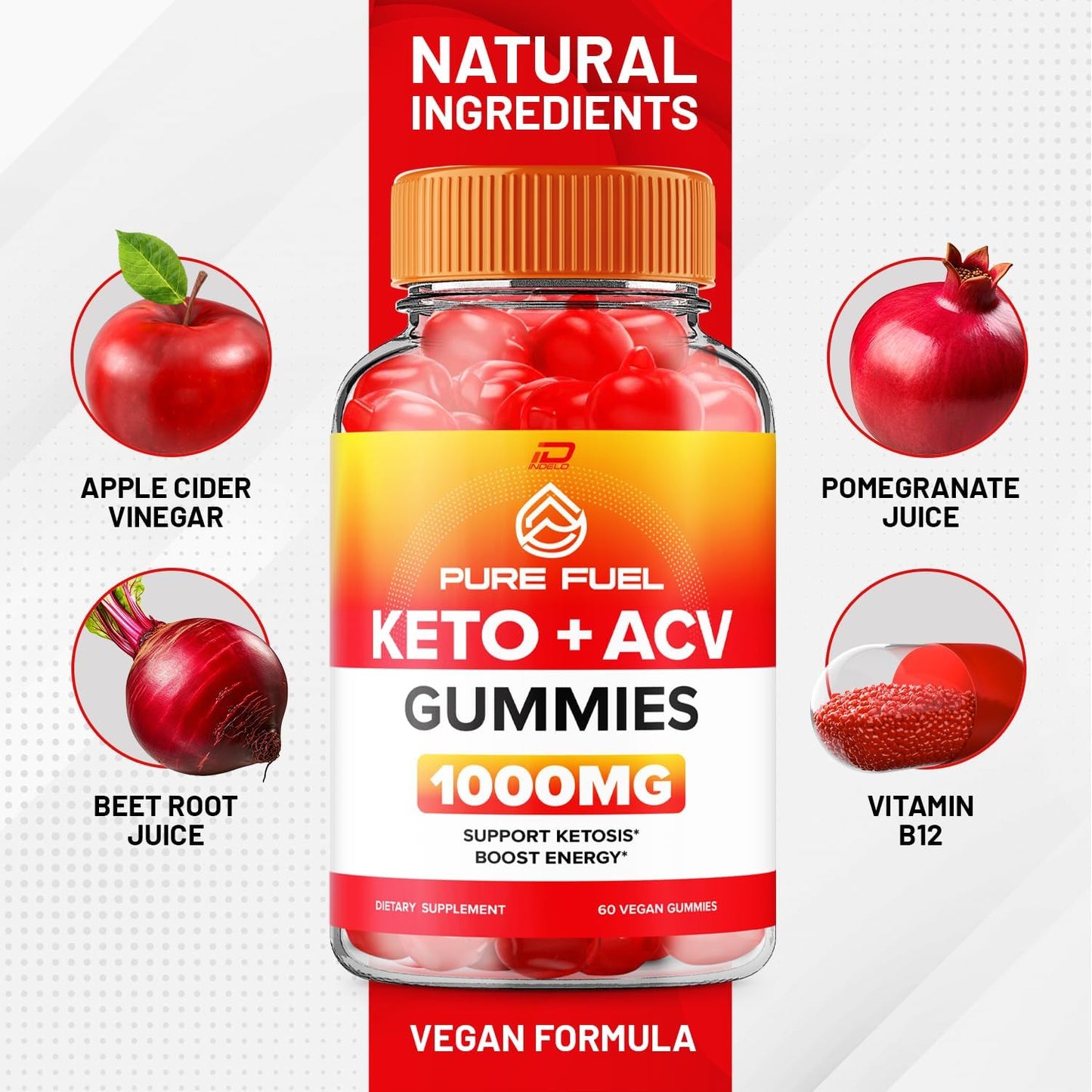 5 Pack of Indelo Pure Fuel ACV Gummies - Apple Cider Vinegar 1000MG with Vitamin B12 - 300 Gummies, Reviews included