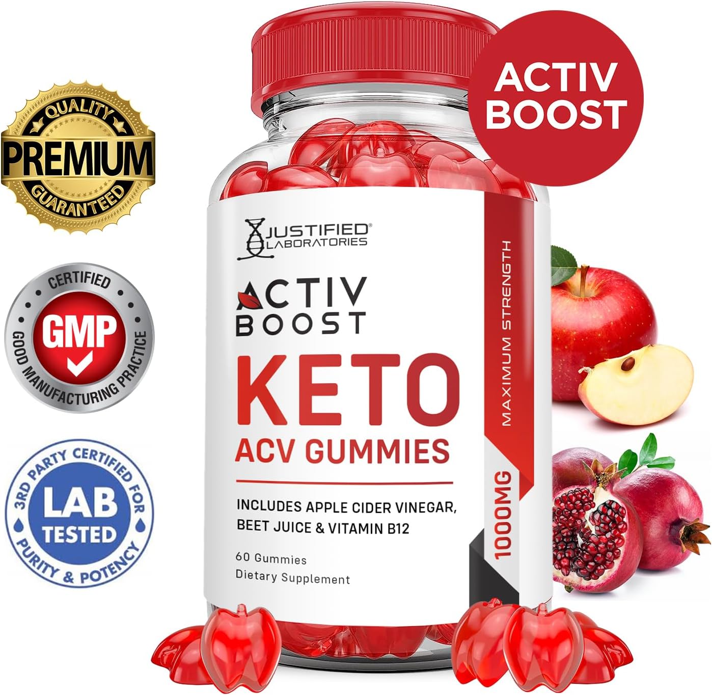 5 Pack of Justified Laboratories Activboost Keto ACV Gummies - Advanced Formula with 1000MG Active Boost, Apple Cider Vinegar, Pomegranate, Beet Juice Powder, B12 - Vegan, Non GMO - 300 Gummies