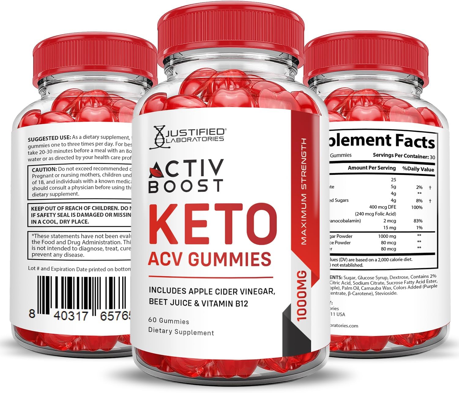 5 Pack of Justified Laboratories Activboost Keto ACV Gummies - Advanced Formula with 1000MG Active Boost, Apple Cider Vinegar, Pomegranate, Beet Juice Powder, B12 - Vegan, Non GMO - 300 Gummies