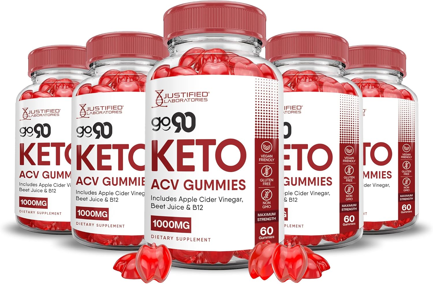 5 Pack of Justified Laboratories Go 90 Keto ACV Gummies - Advanced Formula with Apple Cider Vinegar, Pomegranate, Beet Juice Powder, B12 - Vegan, Non GMO - 1000MG - 300 Gummies