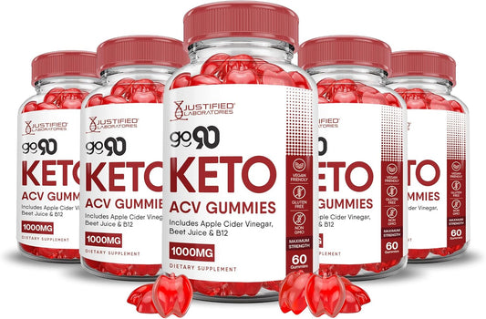 5 Pack of Justified Laboratories Go 90 Keto ACV Gummies - Advanced Formula with Apple Cider Vinegar, Pomegranate, Beet Juice Powder, B12 - Vegan, Non GMO - 1000MG - 300 Gummies