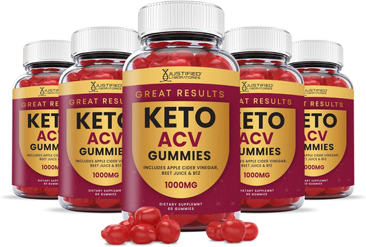 5-Pack of Justified Laboratories Keto ACV Gummies - Advanced 1000MG Formula with Pomegranate, Beet Juice Powder, B12 - Vegan and Non-GMO - 300 Gummies