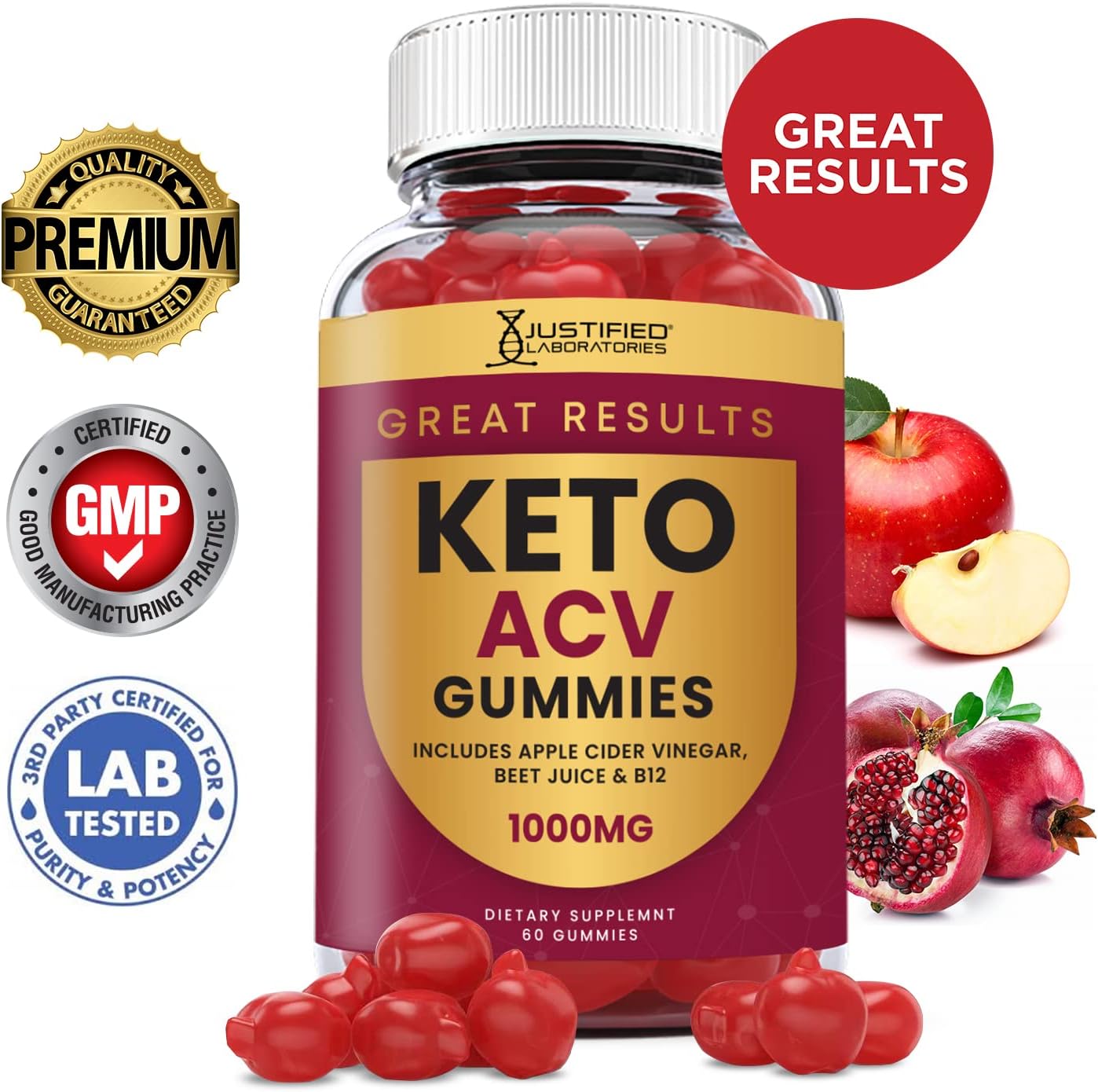 5-Pack of Justified Laboratories Keto ACV Gummies - Advanced 1000MG Formula with Pomegranate, Beet Juice Powder, B12 - Vegan and Non-GMO - 300 Gummies