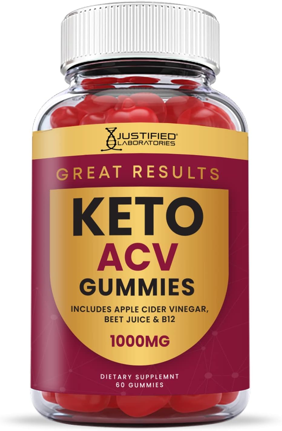 5-Pack of Justified Laboratories Keto ACV Gummies - Advanced 1000MG Formula with Pomegranate, Beet Juice Powder, B12 - Vegan and Non-GMO - 300 Gummies