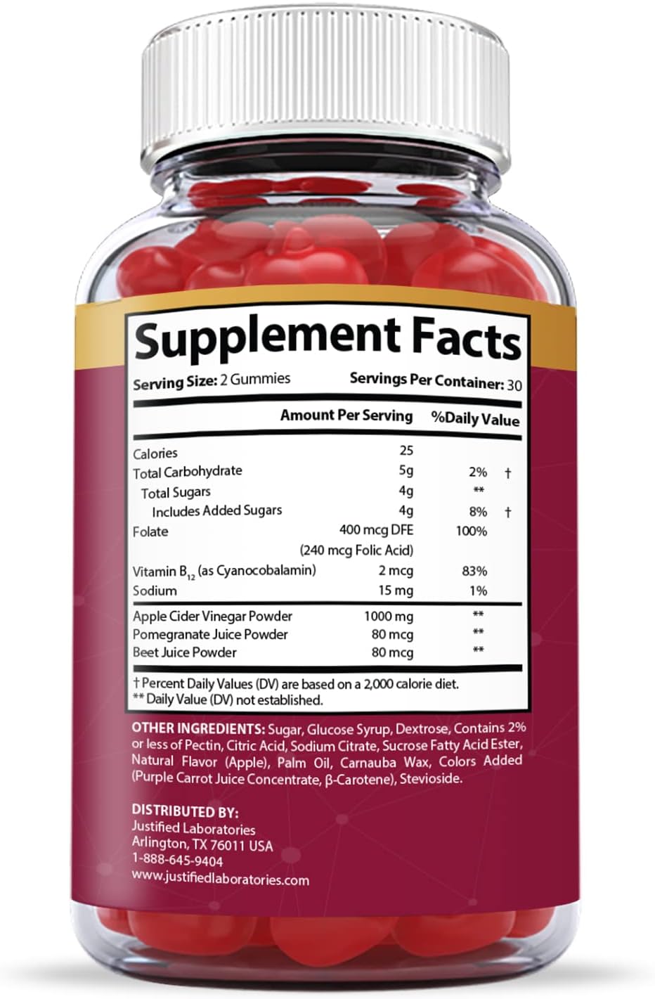 5-Pack of Justified Laboratories Keto ACV Gummies - Advanced 1000MG Formula with Pomegranate, Beet Juice Powder, B12 - Vegan and Non-GMO - 300 Gummies