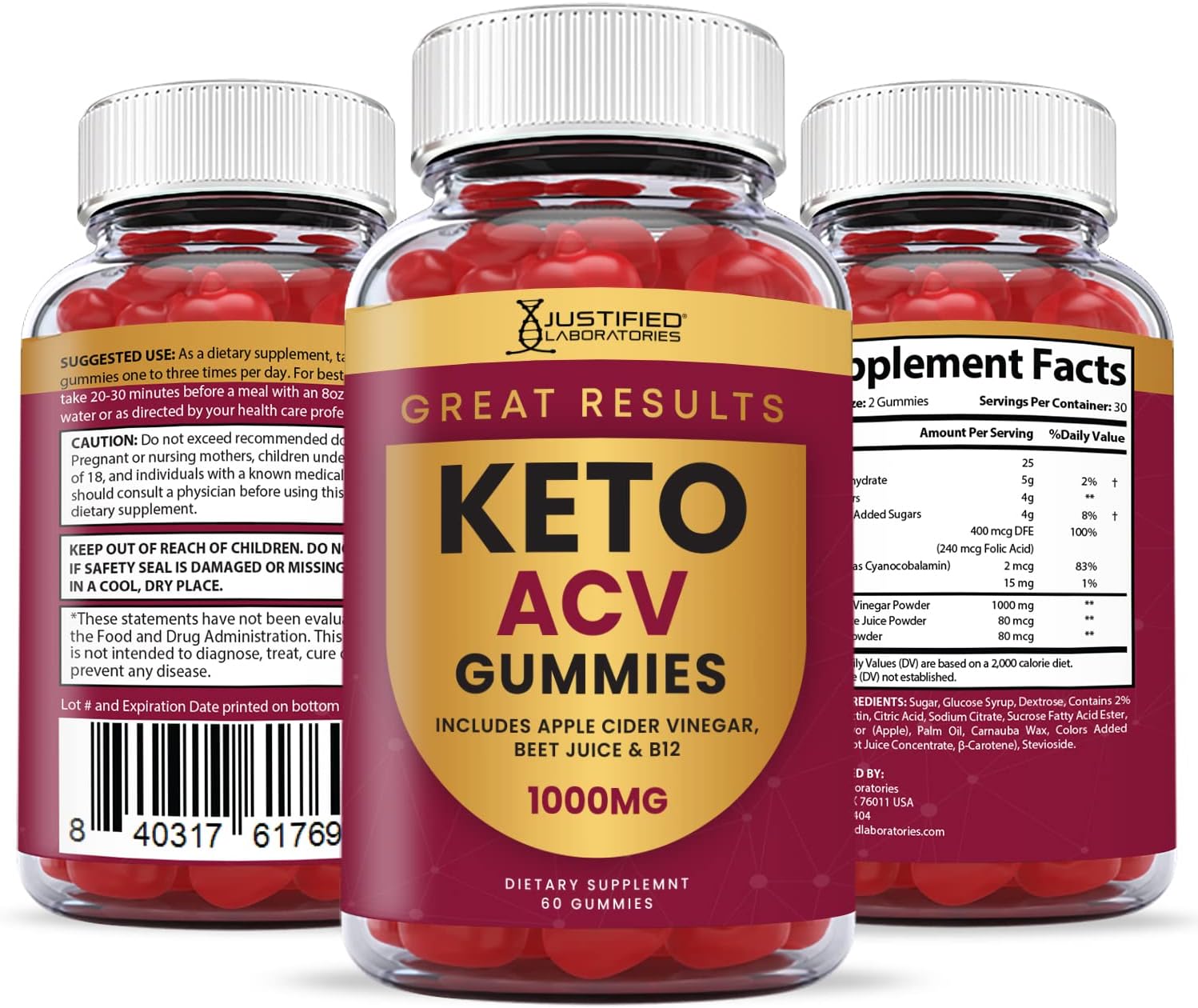 5-Pack of Justified Laboratories Keto ACV Gummies - Advanced 1000MG Formula with Pomegranate, Beet Juice Powder, B12 - Vegan and Non-GMO - 300 Gummies