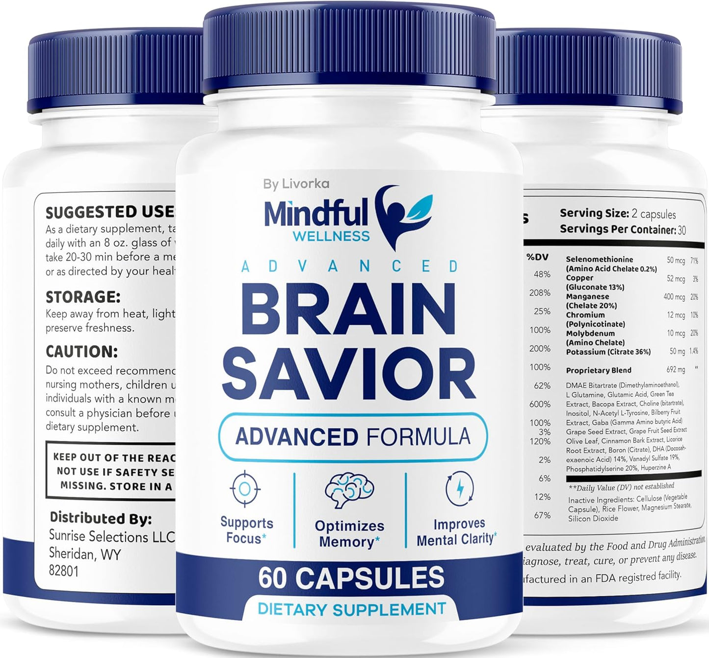 5 Pack of LIVORKA Mindful Wellness Brain Support Capsules - Premium All Natural Formula, 300 Capsules for 5 Months Supply