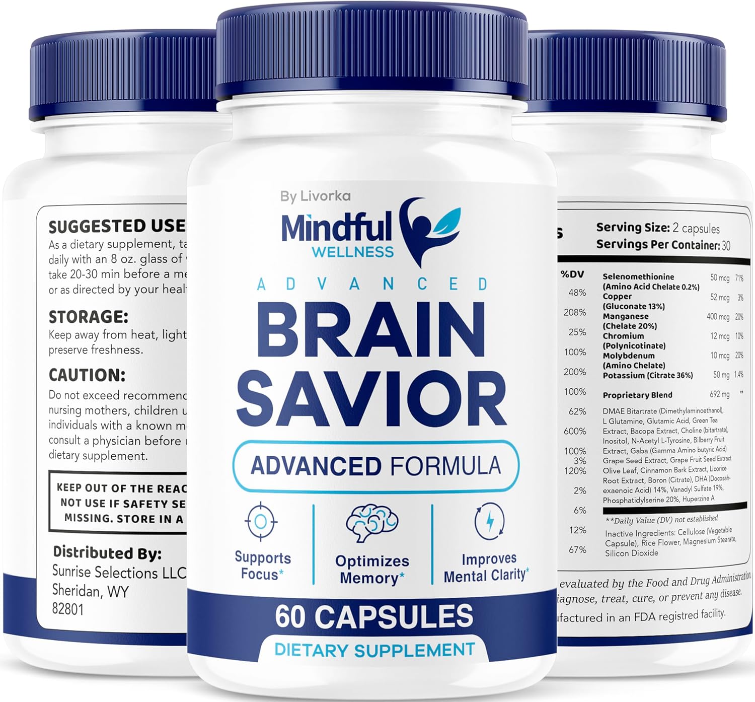 5 Pack of LIVORKA Mindful Wellness Brain Support Capsules - Premium All Natural Formula, 300 Capsules for 5 Months Supply