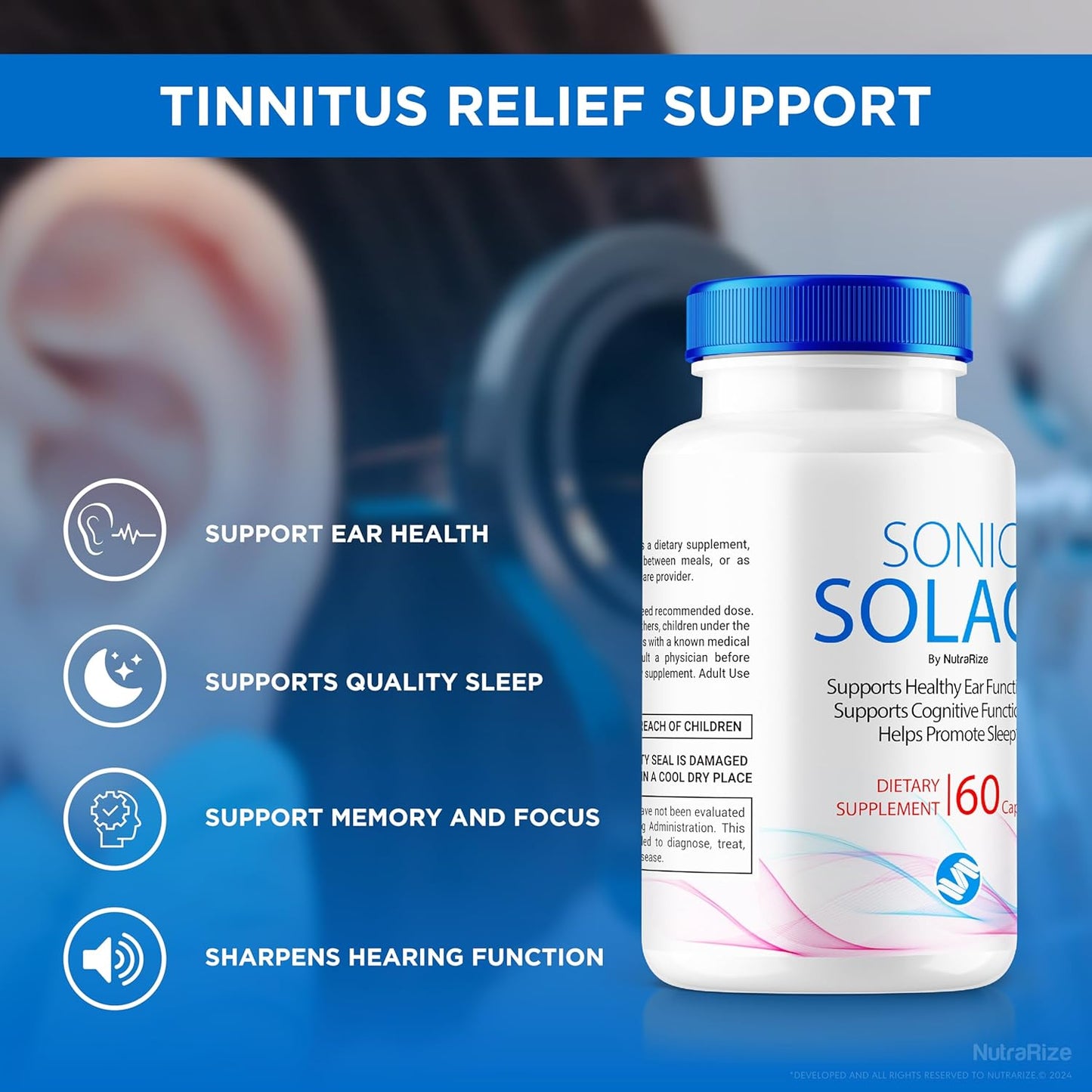 5 Pack of NutraRize Sonic Solace - Advanced Formula for Healthy Hearing, Official Ear Health Support, All Natural Wellness Aid - SonicSolace Review (300 Capsules)