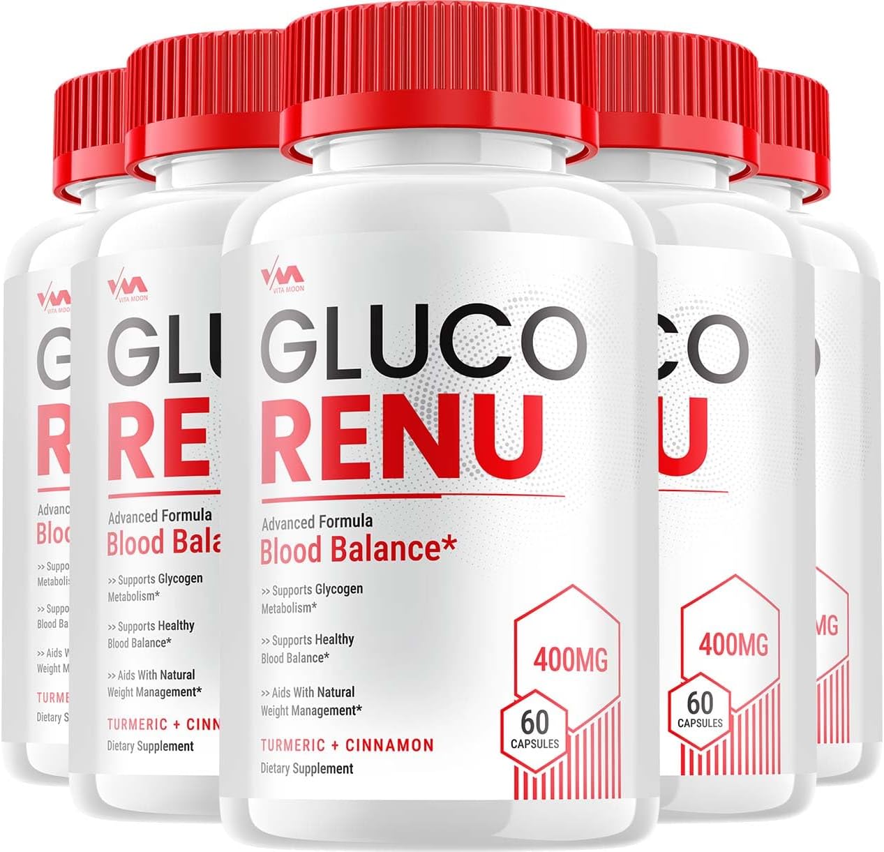 5 Pack Vitamoon Gluco Renu Supplement Capsules - Maximum Strength Formula with Positive Reviews