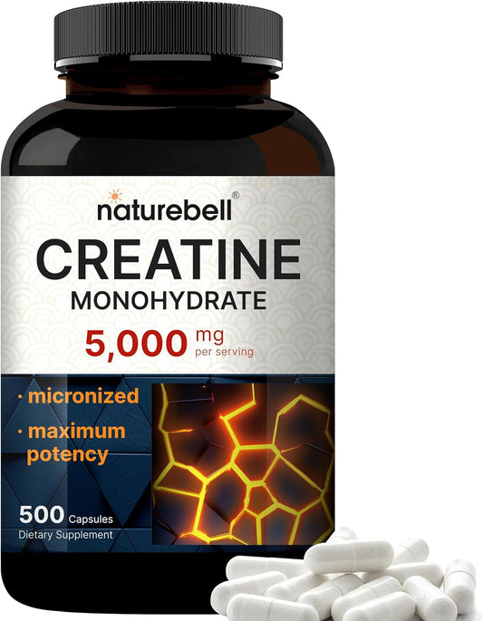 500 Capsules of NatureBell Micronized Creatine Monohydrate, 5,000mg Per Serving - Unflavored Pills for Pre Workout & Muscle Support - Easy Absorption, Swallowing - 71 Servings