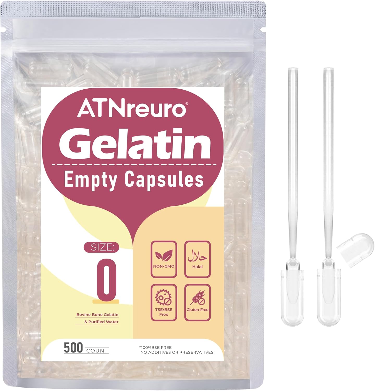 500 Count ATNreuro Size 0 Clear Gelatin Capsules with 2 Micro Spoons for Powders and Supplements