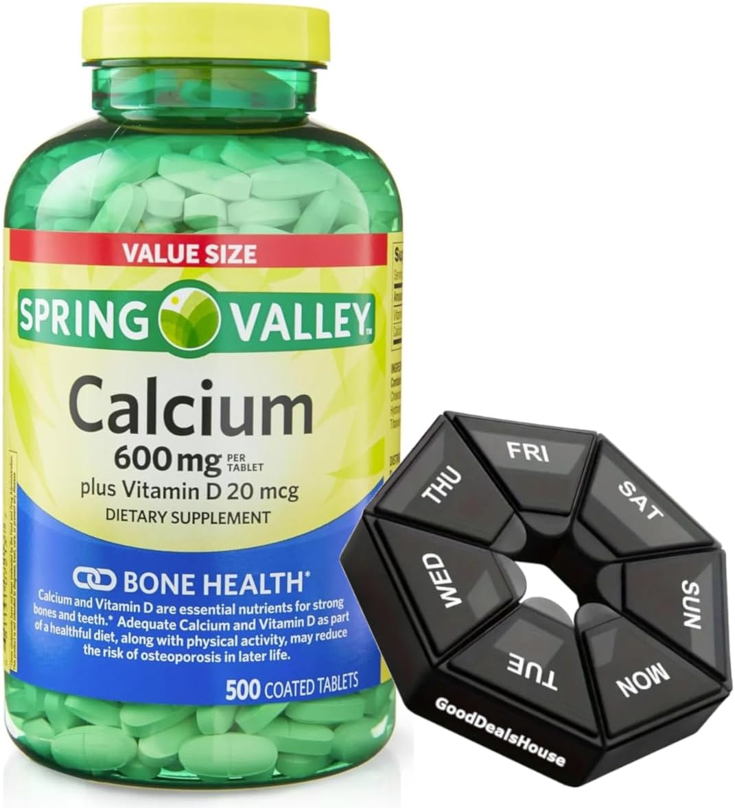 500 Count Spring Valley Calcium 600 mg + Vitamin D 20 mcg Tablets with Weekly Pill Organizer - Bone Health Supplement